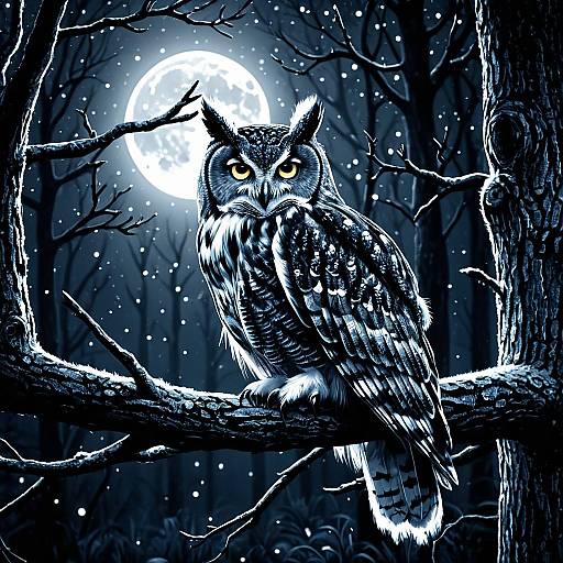 Owl Perched on Tree Branch in Moonlit Forest