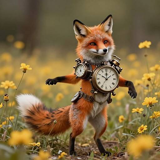 Photorealistic image of an anthropomorphic red fox standing on hind legs in a sunlit meadow of yellow flowers, wearing multiple vintage pocket watches on
