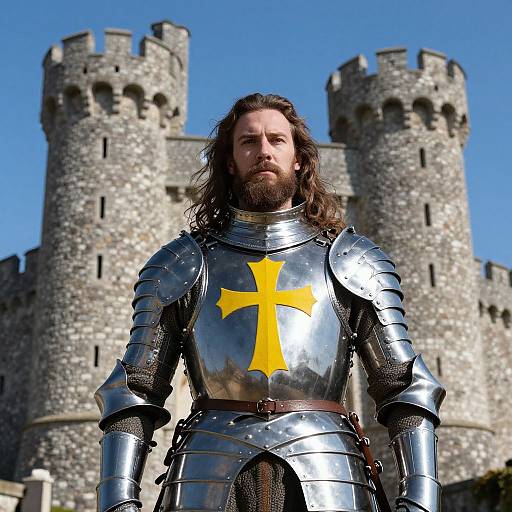 Photograph of a bearded, long-haired man in shiny medieval armor with a yellow cross, standing in front of a stone castle with tall, cylindrical