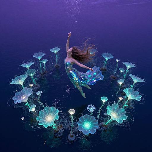 Digital art: Mermaid with flowing brown hair, glowing blue dress, floating in dark blue water, surrounded by luminous blue jellyfish flowers in a