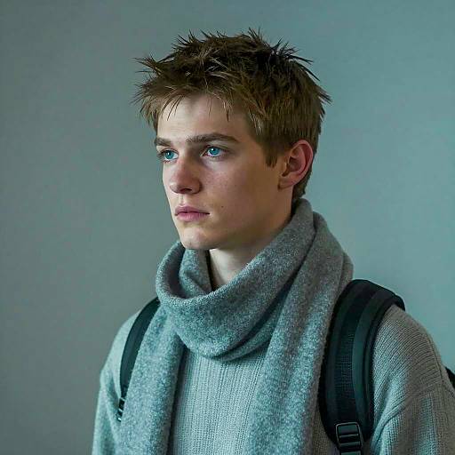 Young Man in Gray Scarf and Sweater