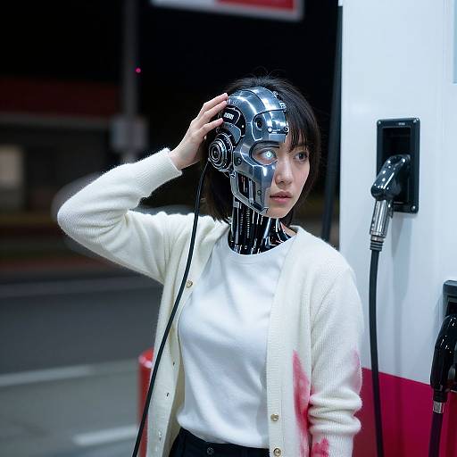 Photograph of an East Asian woman with black hair wearing a white sweater, white cardigan, and a futuristic, metallic robot head, standing at a
