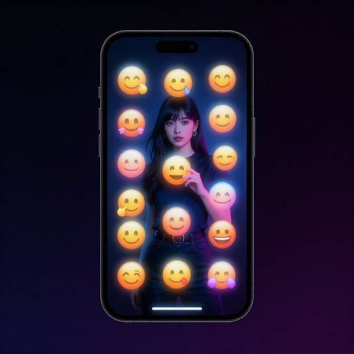 Photograph of a woman with dark hair, wearing black, centered in a smartphone screen surrounded by glowing orange smiley faces. Dark gradient background.