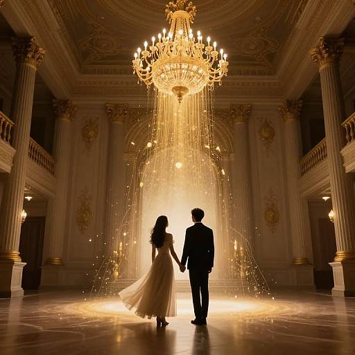 Silhouetted bride and groom hold hands under a grand, glowing chandelier in an opulent, ornate ballroom with illuminated, cascading