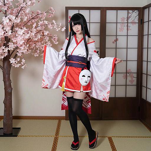 Elegant Asian Cosplay in Cherry Blossom Room
