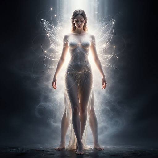 Digital art of a glowing, ethereal woman with translucent wings, wearing a sheer, silver bodysuit, standing against a dark, misty background