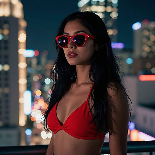 Photograph of a woman with long black hair, wearing a red bikini top and oversized red sunglasses, against a nighttime cityscape background with blurred, colorful