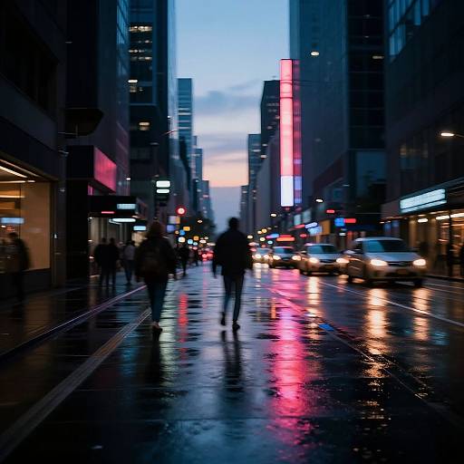 Photograph of a rainy, neon-lit urban street at dusk, with blurred pedestrians, colorful reflections on wet pavement, and tall buildings.