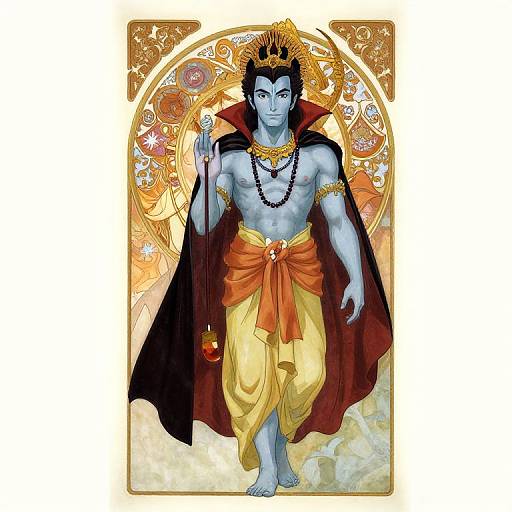 Digital artwork of blue-skinned god with black hair, gold crown, red-orange dhoti, black cape, holding trident, ornate golden