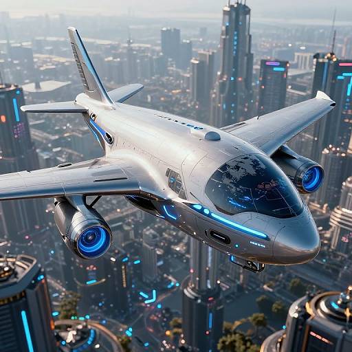 CGI image of a futuristic, silver, twin-engine jet flying over a neon-lit, high-tech cityscape with towering skyscrapers and illuminated