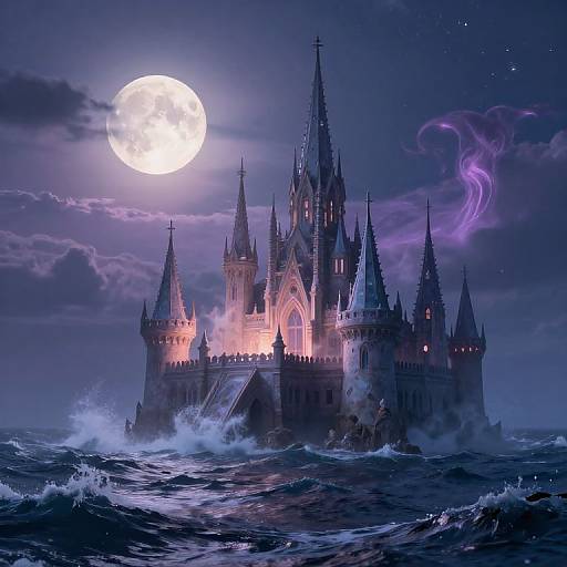 Digital art of a gothic castle under a full moon, surrounded by turbulent waves, with swirling purple mist to the right.