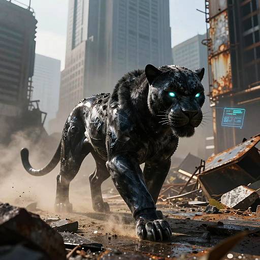 Digital artwork of a glowing blue-eyed, metallic black panther stalking through a dusty, ruined urban landscape with tall buildings.