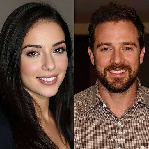 Side-by-side photo of a smiling woman with black hair and fair skin, and a smiling bearded man with brown hair and fair skin, wearing a