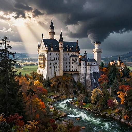 Photograph of a majestic, white castle with tall, black-topped towers, surrounded by autumn foliage and a rushing river, under dramatic, cloudy sky