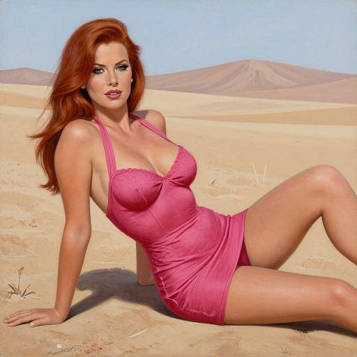 Photograph of a red-haired woman with fair skin, wearing a tight pink dress, sitting in a desert with sand dunes. She has a cur