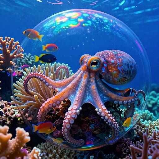 Vibrant photograph of an orange and white octopus with textured skin, inside a clear bubble, surrounded by colorful fish and coral in a vivid blue