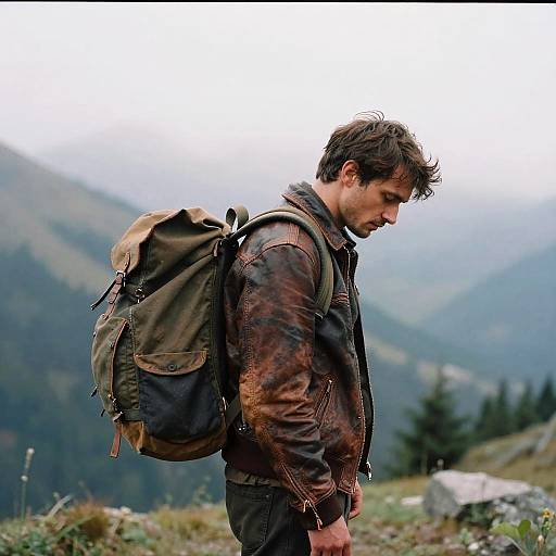 Photograph of a young man with brown hair, wearing a brown leather jacket and large green backpack, standing in a mountainous, misty landscape,