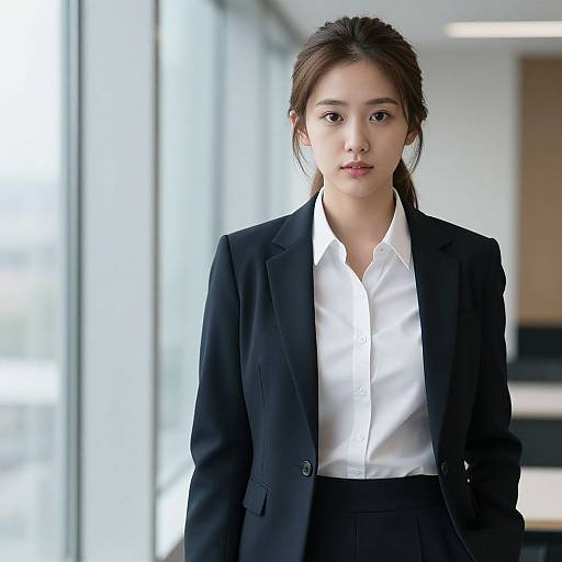 Photograph of an Asian woman with straight black hair in a ponytail, wearing a black blazer and white shirt, standing in a modern office with