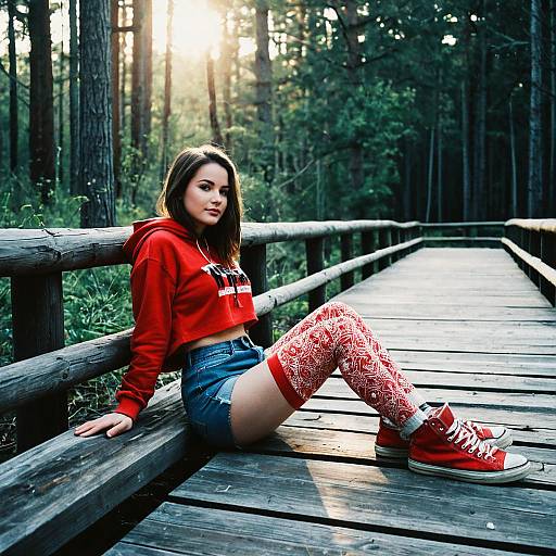 Young Woman Lounging on Boardwalk in Forest