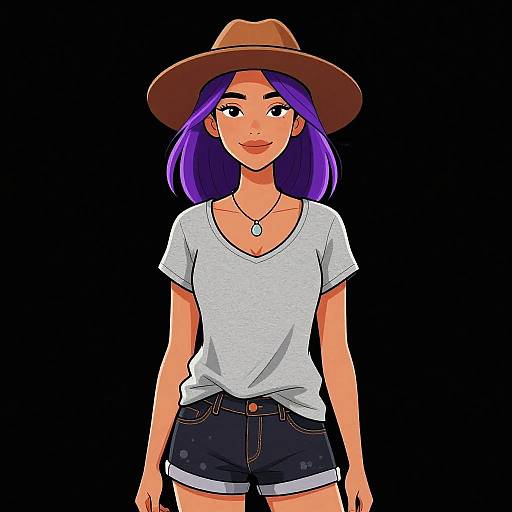 Digital anime-style drawing of a young woman with purple hair, brown cowboy hat, white t-shirt, and black shorts, smiling against a black background.