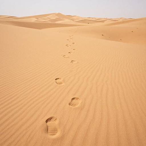 Photograph of golden sand dunes with a single footpath of five distinct, shallow footprints leading up a gently rolling hill.
