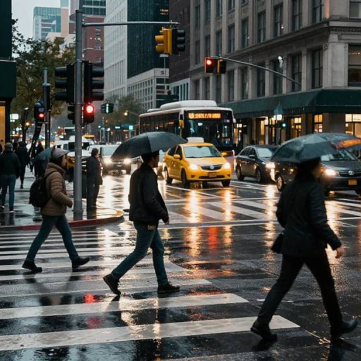 Photograph of a rainy city crosswalk with pedestrians holding umbrellas, yellow taxi, city bus, and reflections on wet pavement.