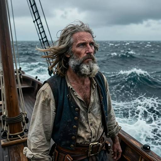 Photograph of an old, weathered man with a gray beard and wind-swept hair, wearing a dirty, open-collared shirt and