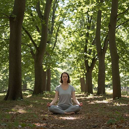 Photograph of a smiling woman with short brown hair, wearing a gray tee and leggings, meditating in a sunlit forest.