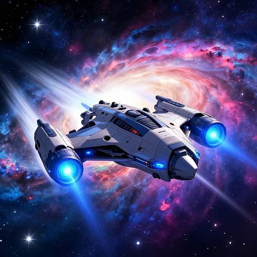 Digital artwork of a futuristic white spaceship with blue glowing engines, flying through a vibrant, colorful nebula in space.