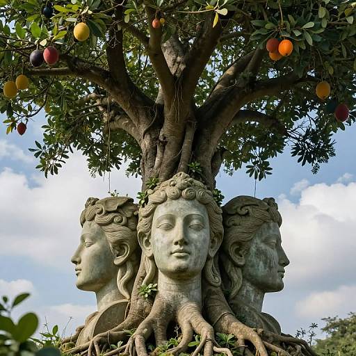 Photograph of three stone head sculptures entwined with a tree, adorned with colorful fruits, against a blue sky with clouds.