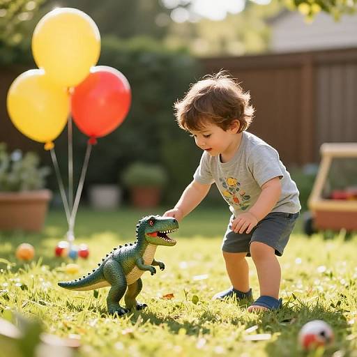 Joyful Boy Playing with Dinosaur Toy