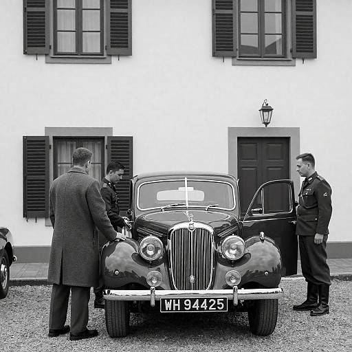 Vintage Car with Military Personnel in Front of Stucco Building