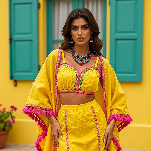 Vibrant Brown-Haired Woman in Yellow