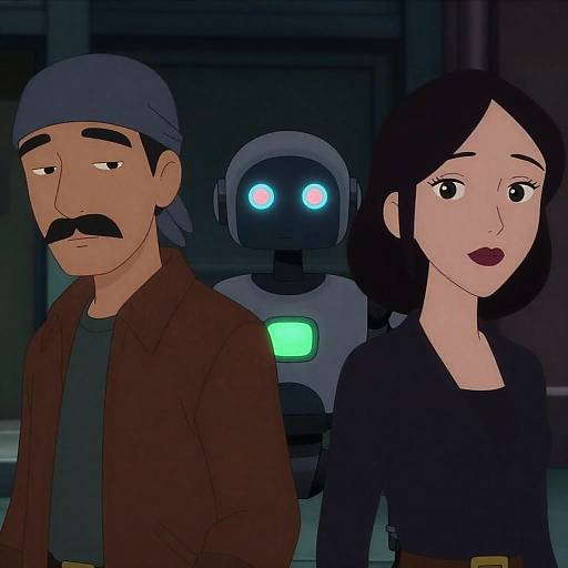 Animated Scene with Man, Woman and Robot