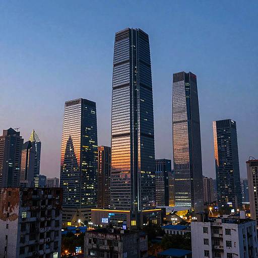 Photograph of a modern cityscape at dusk, featuring tall, reflective skyscrapers with illuminated windows against a blue and orange sky.