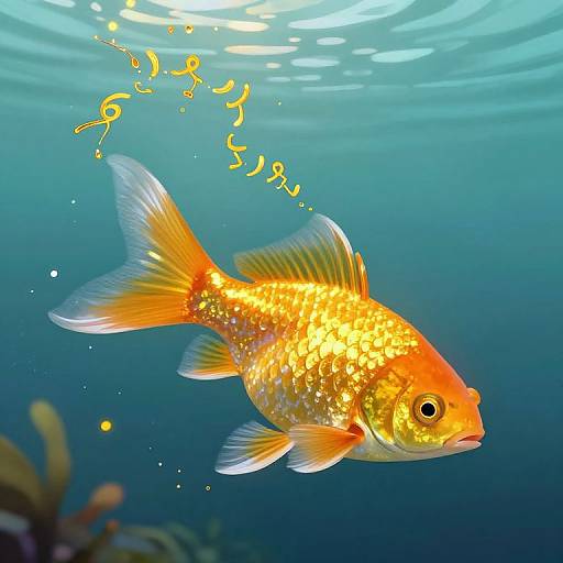 Vibrant photograph of a golden orange fish with sparkling scales, floating in clear blue underwater, surrounded by bubbles and subtle coral in the background.