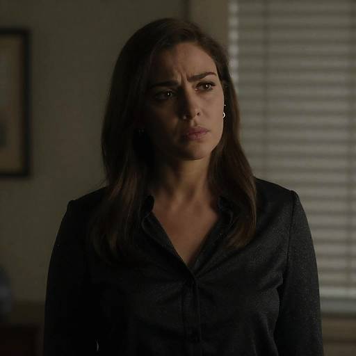 Photograph of a serious-looking woman with long dark brown hair, wearing a black button-up shirt, standing in a dimly lit room with blinds and