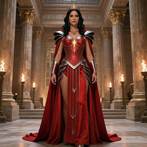 Photorealistic CGI of a regal woman with dark hair, wearing a red corset gown, gold crown, and cape, standing in a grand