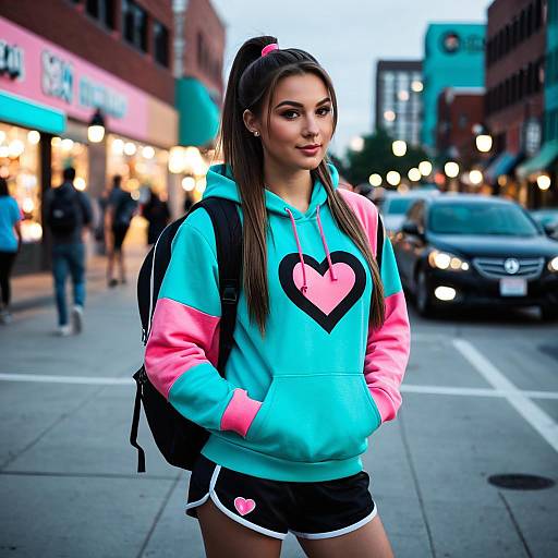Young Woman in Colorful Casual Hoodie on Urban Street