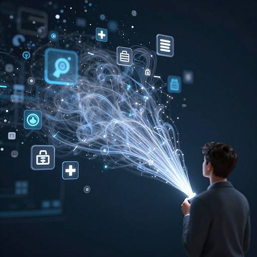 Photograph of a man in a dark suit, holding a glowing white orb, emitting blue digital icons and swirling lights against a dark, futuristic background.