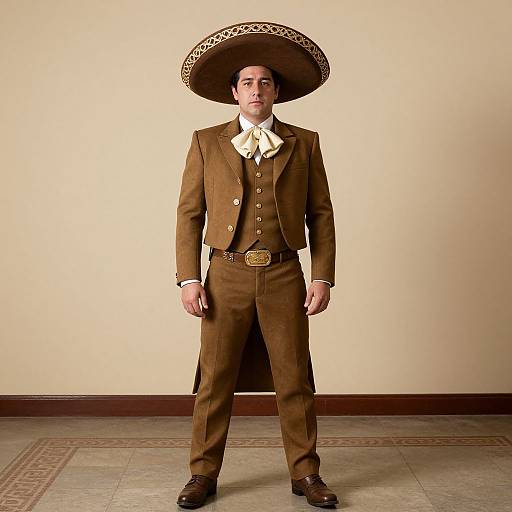 Photograph of a man in a brown 19th-century-style suit with a large sombrero, white cravat, and brown belt, standing