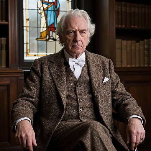 Photograph of elderly man with white hair, wearing brown tweed suit, white shirt, and bow tie, sitting in a library with stained glass window