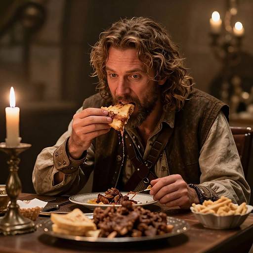 Photograph of a bearded man with wavy brown hair, wearing a rustic brown vest, eating chocolate cake by candlelight in a dimly lit