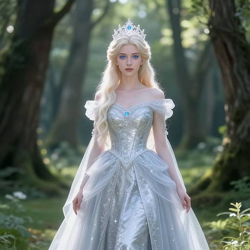 Photorealistic digital artwork of a fair-haired princess with blue eyes, wearing a silver tiara, off-shoulder silver gown, and blue gem