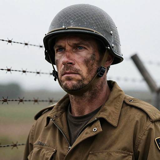 Rugged Soldier Portrait with Barbed Wire