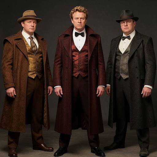 Photograph of three men in Victorian-era attire: brown overcoat, dark red vest, black overcoat, and gray overcoat, standing against dark
