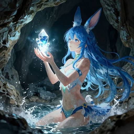 Digital anime artwork of a blue-haired, rabbit-eared girl holding a glowing blue butterfly in a dark, cave-like water setting.
