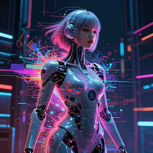 Cybernetic woman with silver bob, glowing neon lights, robotic joints, and futuristic cityscape in vibrant pink, blue, and purple hues.