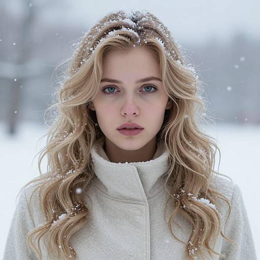Photograph of a young blonde woman with wavy hair, blue eyes, and fair skin, wearing a white winter coat, standing in a snowy landscape