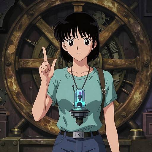 Anime-style digital drawing of a serious young woman with black hair, wearing a blue shirt, and a glowing pendant, standing in front of a large,